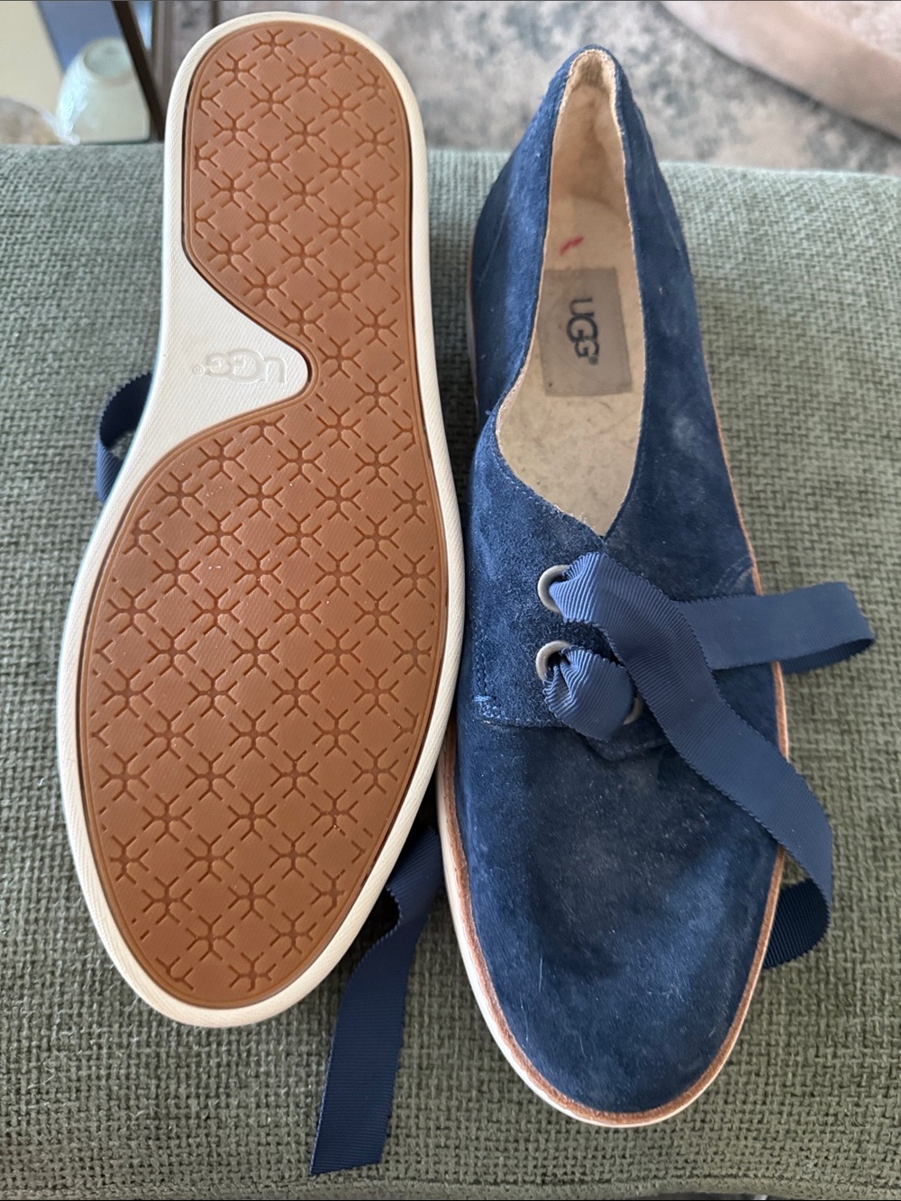 ***UGG Navy Suede Ribbon Lace Flats